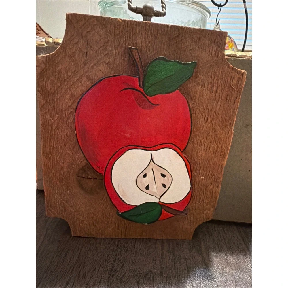 Vintage Hand Painted Wood Apple Wall Plaque Farmhouse Kitchen Decor  Sliced 7x6